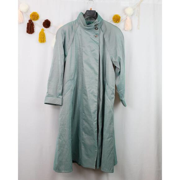 London Fog Vintage Iridescent Blue Green Trench Coat Lightweight Size 4 Petite - Picture 1 of 6
